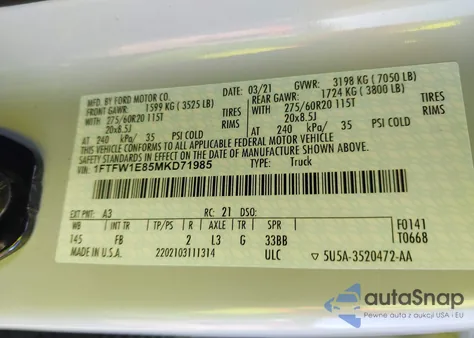 2021 Ford F-150 Xlt из США, поврежденный, VIN 1FTFW1E85MKD71985